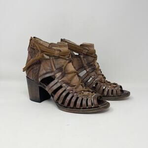 Freebird by Steven Wazee Sandal Womens 8 Brown‎ Leather Strappy Heel Boho